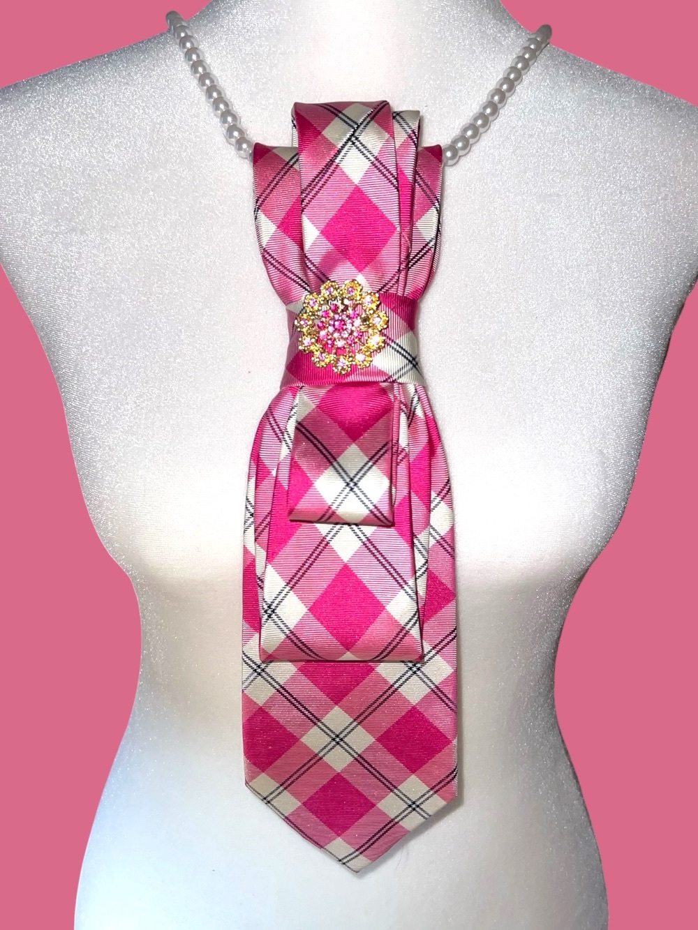 Pink Plaid Satin Brooch Tie Necklace with Sparkling Crystal Accent